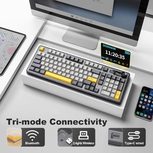 AJAZZ AK980 Wireless Keyboard with Smart Display & Knob,98% Mechanical Keyboard Tri-Mode BT/2.4G/USB-C, Hot Swappable, PBT Keycaps, with RGB Light for Win & Mac(Black,Murad Switch)