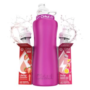Cirkul 32oz. Hot Pink Stainless Steel Water Bottle Starter Kit with Pink Lid and 2 Flavor Cartridges (1 LifeSip Strawberry, 1 GoSip Passion Fruit Dragon Fruit) No Sugar, Zero Calorie Drink Mix