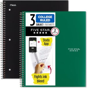 Five Star Spiral Notebook + Study App, 2 Pack, 3 Subject, College Ruled Paper, 8-1/2" x 11", 150 Sheets, Fights Ink Bleed, Water Resistant Cover, Black, Green (820191)