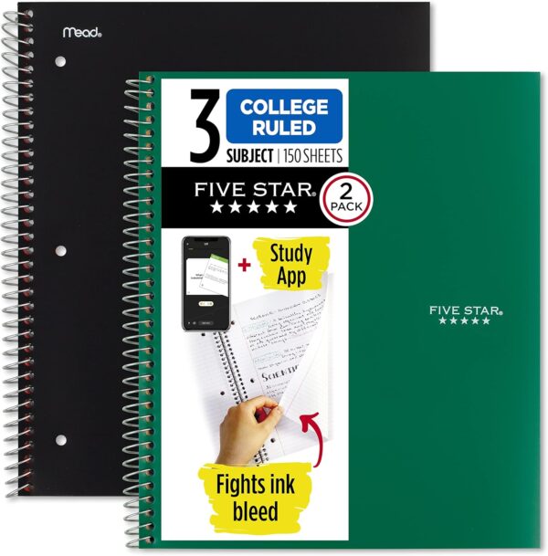 Five Star Spiral Notebook + Study App, 2 Pack, 3 Subject, College Ruled Paper, 8-1/2" x 11", 150 Sheets, Fights Ink Bleed, Water Resistant Cover, Black, Green (820191)