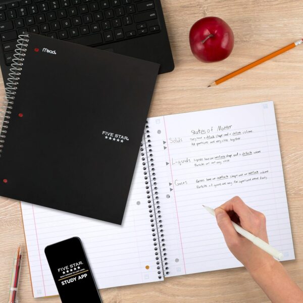 Five Star Spiral Notebook + Study App, 5 Subject, Wide Ruled Paper, 8" x 10-1/2", 200 Sheets, Fights Ink Bleed, Water Resistant Cover, Black (72045)