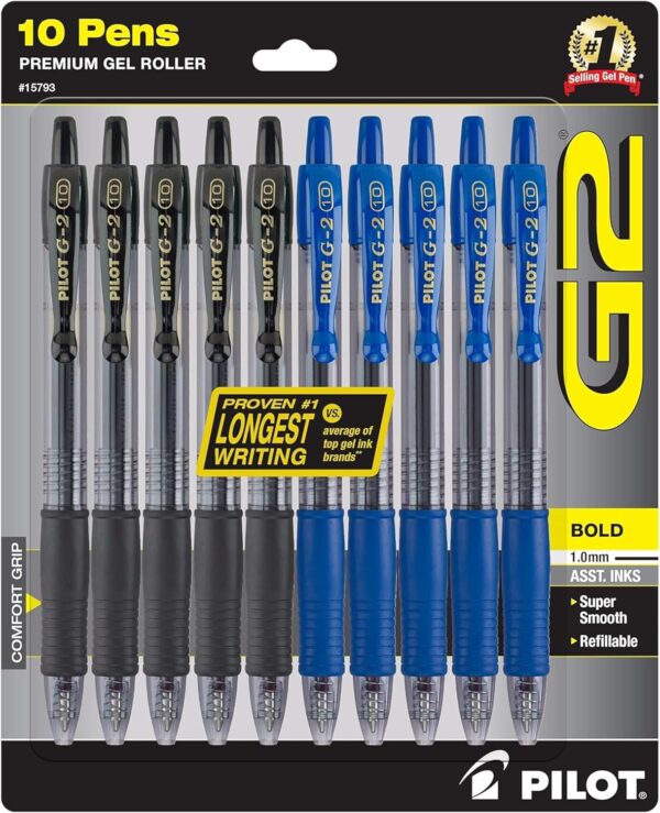 PILOT G2 Premium Gel Pens, Black Pens, Bold Point 1.0 mm, Refillable & Retractable Ballpoint Pens, 5 Black & 5 Blue, Pack Of 10
