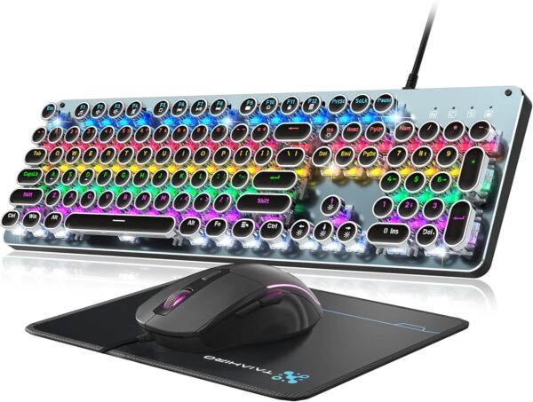 Typewriter Style Mechanical Gaming Keyboard Blue Switch, Rainbow LED Backlit Typewriter Style Mechanical Gaming Keyboard Blue Switch, Rainbow LED Backlit Wired Computer Keyboards Mouse and Pad Combo, Metal Panel Retro Punk Round Keycaps, 104 Keys Anti-Ghost for PC Laptop Gamer