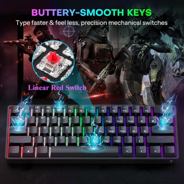 TECURS 60% Compact Mechanical Keyboard for Mac/Windows/PC, Ideal for Office & Gaming, 61 Keys RGB Backlit Wired Keyboard with Linear Red Switch for Fast Response & Smooth Typing, Black