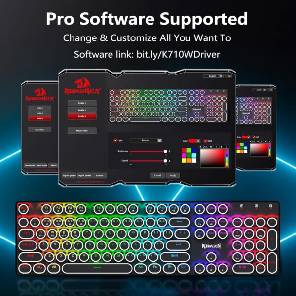 Redragon Typewriter Keyboard Wireless, Mechanical Gaming Keyboard, Bluetooth/2.4Ghz/Wired, RGB LED Backlit, Rechargeable, Blue Switch - Clicky, Solid Metal Panel, Round Keycaps, Black