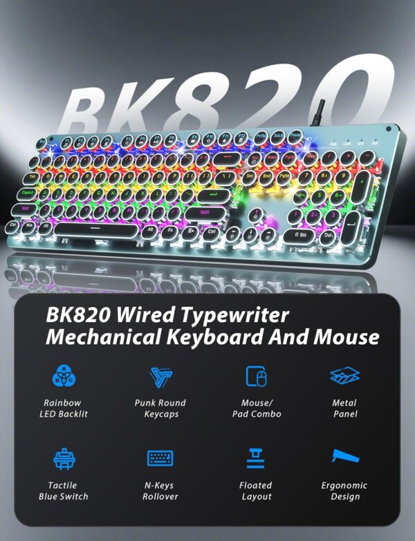 81kLkxt3wDL._AC_SL1500_.jpg Typewriter Style Mechanical Gaming Keyboard Blue Switch, Rainbow LED Backlit Wired Computer Keyboards Mouse and Pad Combo, Metal Panel Retro Punk Round Keycaps, 104 Keys Anti-Ghost for PC Laptop Gamer