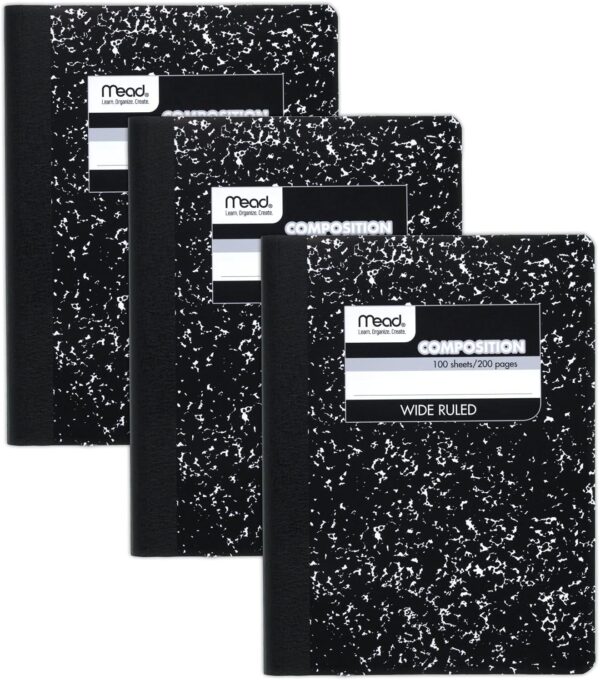 Mead Composition Notebook, 3 Pack, Wide Ruled Paper, 7-1/2" x 9-3/4", 100 Sheets per Comp Book, Black Marble (38301)