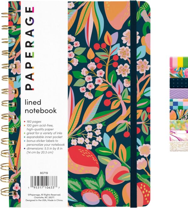 PAPERAGE Lined Spiral Journal Notebook, (Cherry Blossom/Fruit), 160 Pages, Hardcover Journal for Women & Men, Medium 5.5 in x 8 in - 100 GSM, Thick Paper, Spiral Notebook for Work, School & Journaling