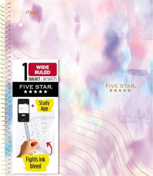 Five Star Spiral Notebook + Study App, 1 Subject, Wide Five Star Spiral Notebook + Study App, 1 Subject, Wide Ruled, 8" x 10-1/2", 80 Sheets, Fights Ink Bleed, Water Resistant Cover, Pastel Tie Dye (930210F-ECM)