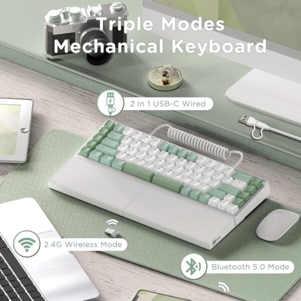 RK ROYAL KLUDGE RKS70 Ergonomic Split Keyboard, Wireless Bluetooth/2.4G/Wired Mechanical Keyboard with Wrist Rest, 75% RGB PC Gaming Keyboards for Win/Mac, Hot Swappable Linear Silver Switches, White