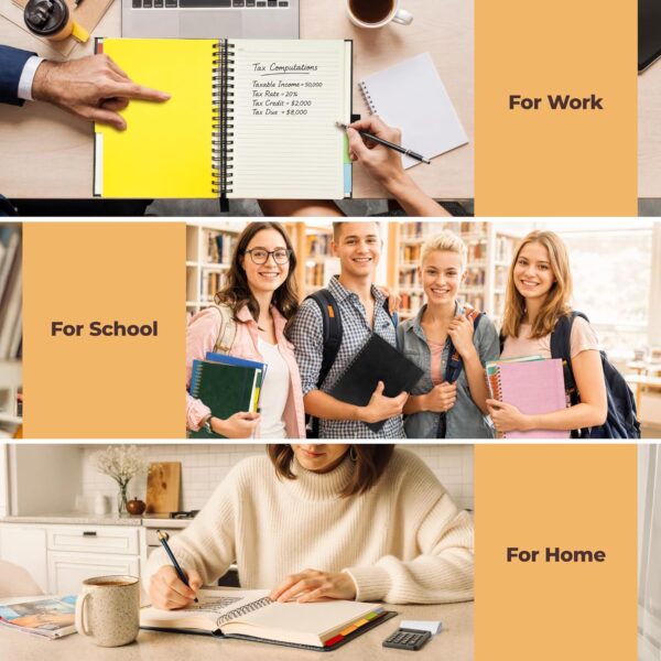 Hardcover Leather Lined Spiral Notebook 8x10" with Removable Dividers - Black - 300 Pages 5 Subject College Ruled Notebook for Work with Tabs, Pockets, and Pen Loop for Note Taking, Large Journal