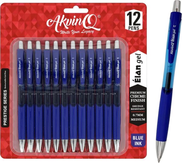 AKVINQ® Élan Gel Pens 12-Pack, 0.7mm Medium Point, Retractable Gel Ink Pen – Premium Chrome Finish, Blue Ink, Smudge-Resistant, Unique Comfort Grip, Office & School Writing (Blue)