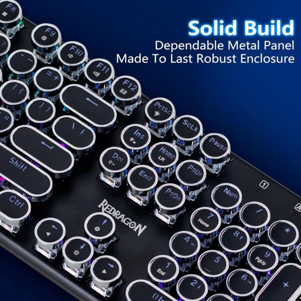 Redragon Typewriter Keyboard Wireless, Mechanical Gaming Keyboard, Bluetooth/2.4Ghz/Wired, RGB LED Backlit, Rechargeable, Blue Switch - Clicky, Solid Metal Panel, Round Keycaps, Black