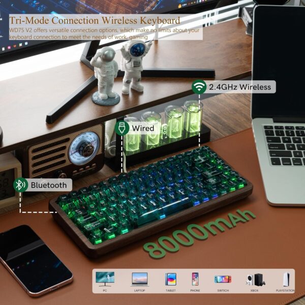 Womier 75% Mechanical Keyboard Wireless with QMK/VIA, WD75 V2 Wood Gaming Keyboard 8000mAh Battery, Tri-Mode Custom Key Board RGB Hot Swappable with Translucent Clear Keycaps-POM Linear Switch