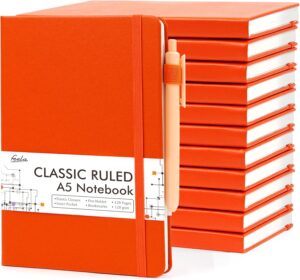12 Pack Notebooks Journals Bulk with 12 Black Pens, Feela A5 Hardcover Notebook Classic Ruled Journal Set with Pen Holder for School Business Work Travel Writing, 120 GSM, 5.1”x8.3”, Orange