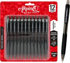 AKVINQ® AquaFlow Retractable Ballpoint Pen – 12 Black Ink Pens | 1.0mm Medium Tip | Low-Viscosity Smooth Ink | Ergonomic Rubber Grip | Smudge-Free | Transparent Barrel | Office & School Writing