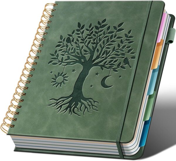 Ovesmusl Hardcover Spiral Notebook 8.5" x 11" with 5 Removable Dividers 300 Pages Leather 5 Subject Notebook College Ruled 100GSM Large Spiral Notebooks for Work Thick Lined Journal for Women, Green