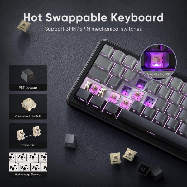 91GONt1YnL._AC_SL1500_.jpg RedThunder K65 Wireless Mechanical Gaming Keyboard, Trip-Modes Connection, Gasket Custom Hot-Swap Keyboard, RGB Backlit, Pre-lubed Linear Switches, Side Printed PBT Keycaps, Gradient Gray