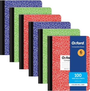 Oxford Composition Notebooks, 6 Pack, Cover Colors Vary, Wide Ruled Paper, 9-3/4 x 7-1/2 Inch School Journals, Assorted Marble Covers, 100 Sheets, per Book (63762)