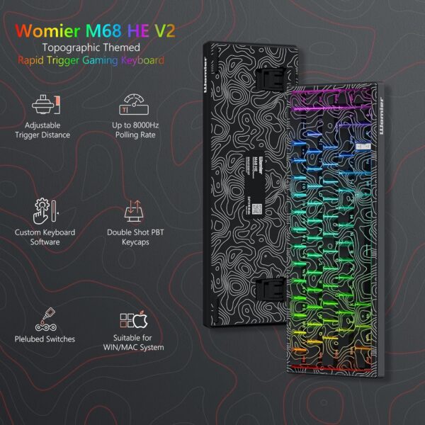 Womier M68 HE V2 Rapid Trigger Keyboard 60% Percent, Hall Effect Topographic Gaming Keyboard, Wired RGB Custom Mechanical Key Board with Magnetic Switch, PBT Keycaps for Mac/Win (Black)